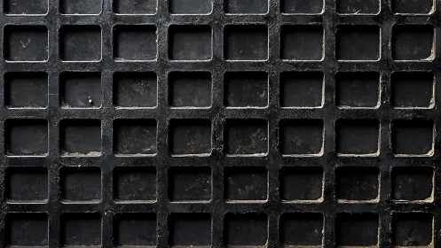 Aged metal grid surface displays repetitive square matrix pattern