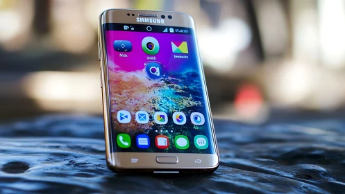 Samsung smartphone display shows multicolored UI icons with water-reflective surface