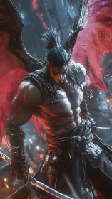 Demonic swordsman with tattered red wings in cinematic volumetric rain