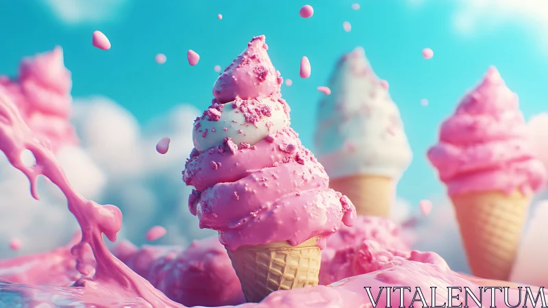 Pink ice cream cones splash through glossy strawberry cream