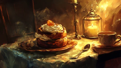 Still life composition with pastry, beverage, and candlelit interior