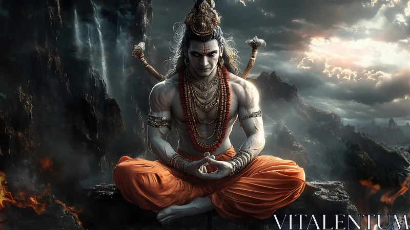 Mythic ascetic warrior meditates amid storm-laden volcanic cliffs