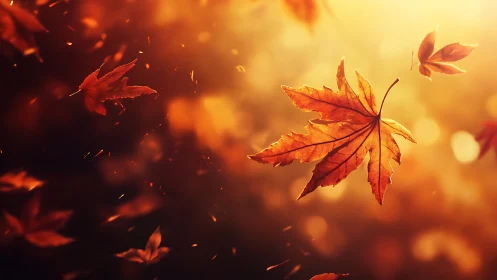 Autumn maple leaves whirl in warm golden sunset light.