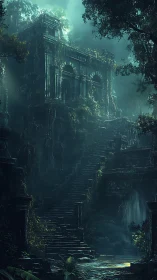 Digital painting of overgrown jungle temple with terraced stairways.
