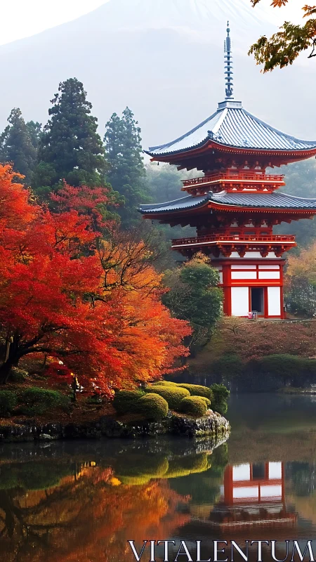 Crimson maple whispers around a lakeside Japanese pagoda.
