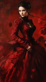 Victorian-inspired woman in flowing crimson gown amid painterly roses