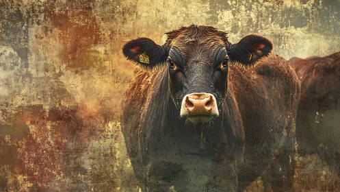 Textured bovine portrait merges rustic realism and painterly grit