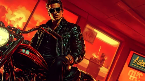Motorcyclist in leather jacket under intense red lighting.