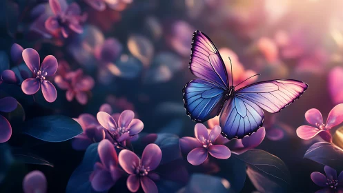 Luminous blue butterfly glides gently above glowing pink blooms