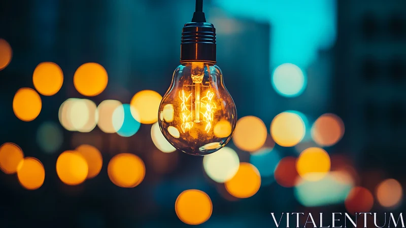 Glowing filament bulb over city bokeh at twilight.