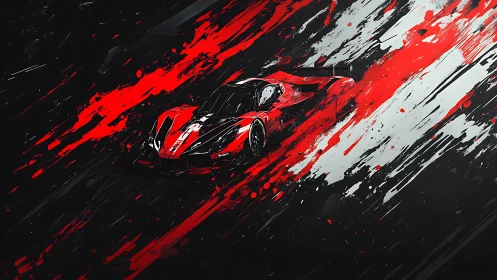 Dynamic digital painting of red racing car in motion field.