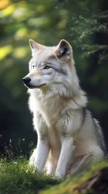 White wolf rests in soft forest light, watching the distance.