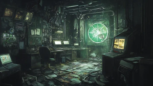 Cyberpunk control room glows with eerie green technology light