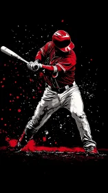 Red uniform baseball batter swinging on dark backdrop.