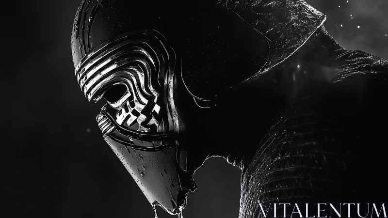 Helmeted dark warrior profile in monochrome chiaroscuro.