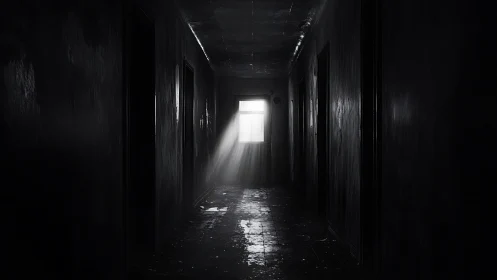 Bleak corridor pierced by stark window light in monochrome.
