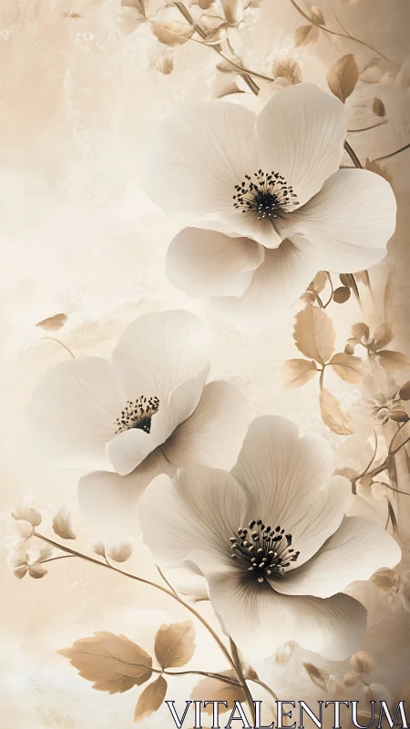 Delicate White Anemone Blossoms in Soft Sepia.