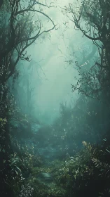 Misty forest pathway through dense canopy with ethereal lighting