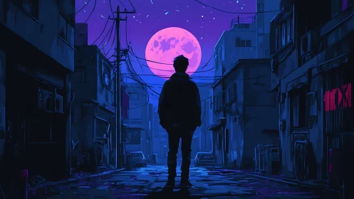 Silhouetted figure in neon city alley under large full moon.
