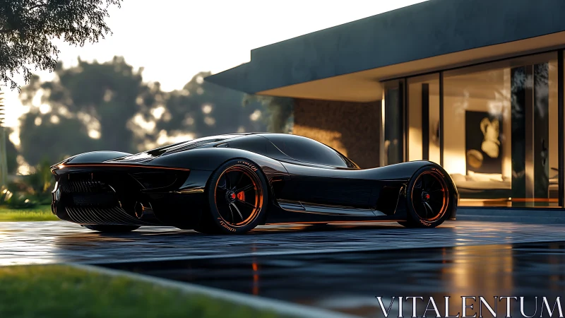Black hypercar stands on wet driveway beside modern villa