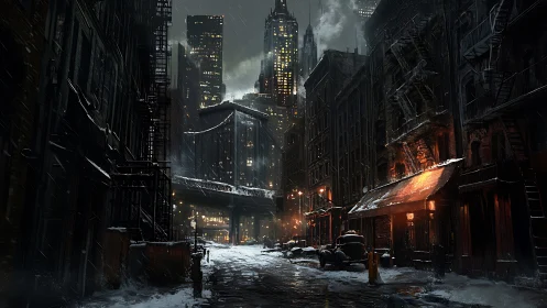 Noir cyberpunk alleyway with snowy vanishing-point perspective.