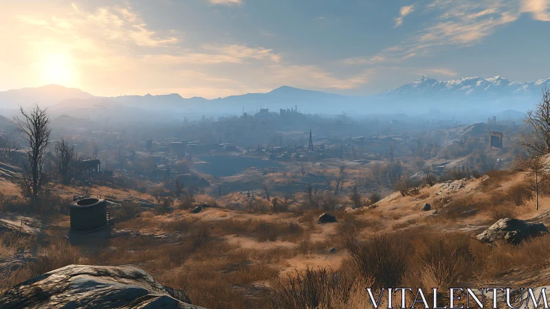 Post-apocalyptic arid landscape with distant ruined city.