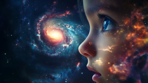 Child profile merges with spiral galaxy nebula vision