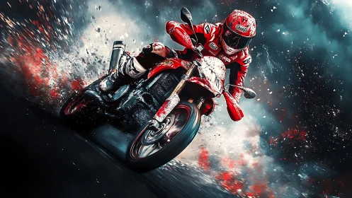 Roaring red superbike rider carves through a storm of speed