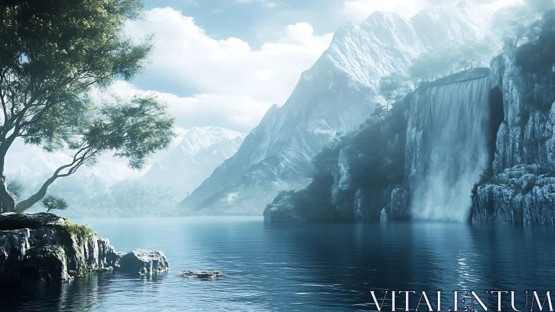 Mountain lake landscape with cliff waterfall and trees.