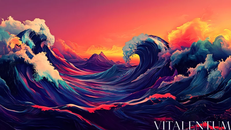 Digital seascape with stylized multicolored waves at sunset.