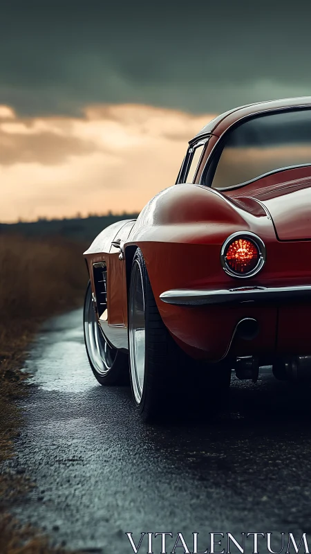 Low-angle study of vintage red coupe on wet rural road