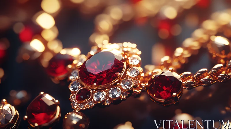 Macro optical study of faceted ruby and diamond gold jewelry.