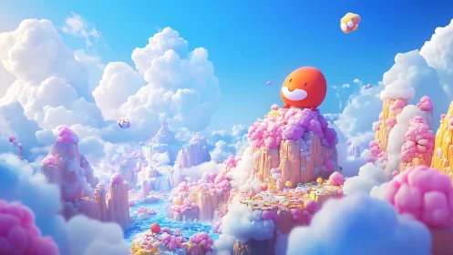 Smiling orange character dominates pastel cloud island scene