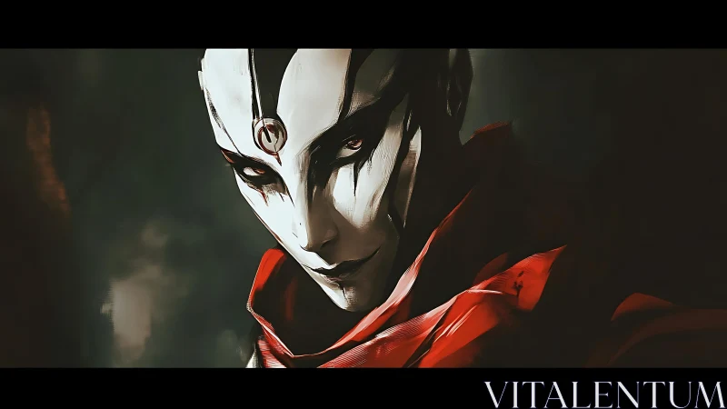 Mask-bearing humanoid visage with occult sigil and red cowl.