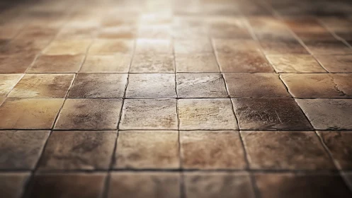 Sunlit rustic floor tiles with softly glowing warmth.