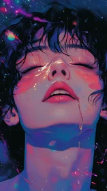 Luminescent portrait of liquefied starlight on serene face.