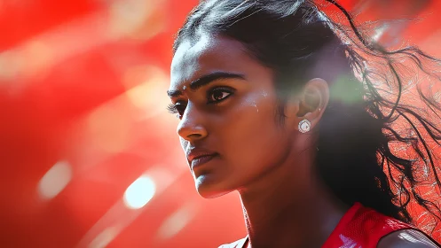 Photorealistic runner portrait with dynamic red bokeh field.