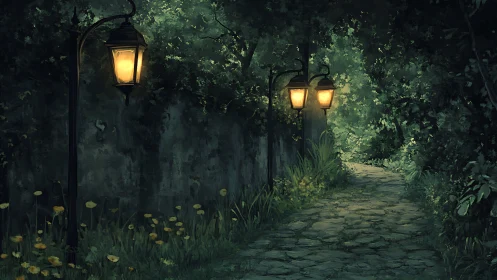 Lantern-lit stone garden path winding through dense greenery.