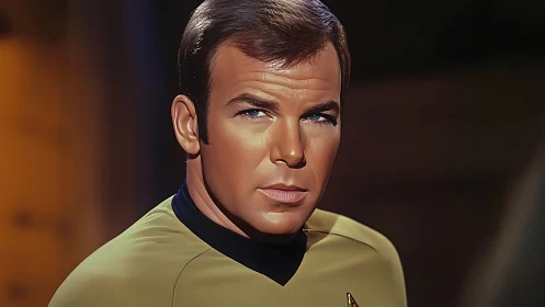 Cinematic close-up portrait of starship officer in golden tunic