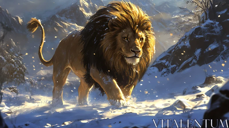 Winterstorm monarch lion striding through glittering snow.