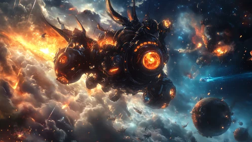 Gigantic molten-core warship breaches nebula in explosive assault