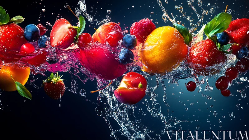 Mixed whole fruits suspended in dynamic water splash motion.