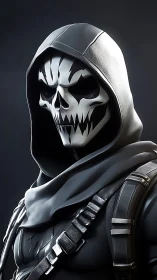 Hooded skull warrior stands in sleek tactical armor.