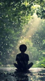 Photorealistic child silhouette in meditative forest rain scene.