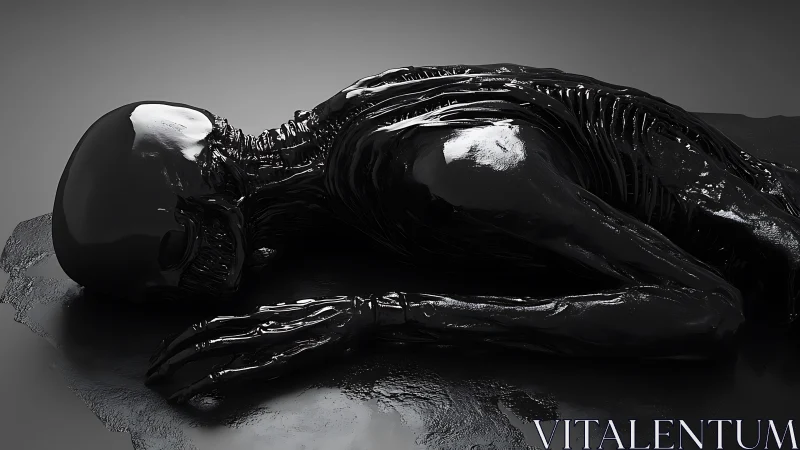 Oil-drenched skeletal figure rests in a stark void