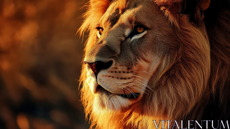 Sunlit lion studies the horizon with ember-bright eyes