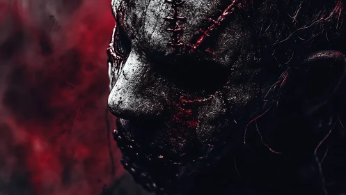 Stitched horror mask broods in bloodlit cinematic shadows