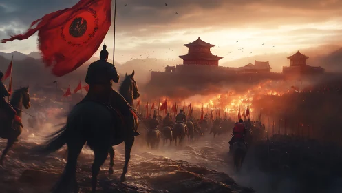 Imperial cavalry advances toward burning fortress at dusk.