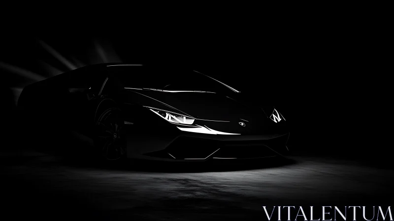 Low key side-front view shows black sports car in darkness