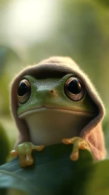Cozy hooded tree frog peeking out with wide, curious eyes.